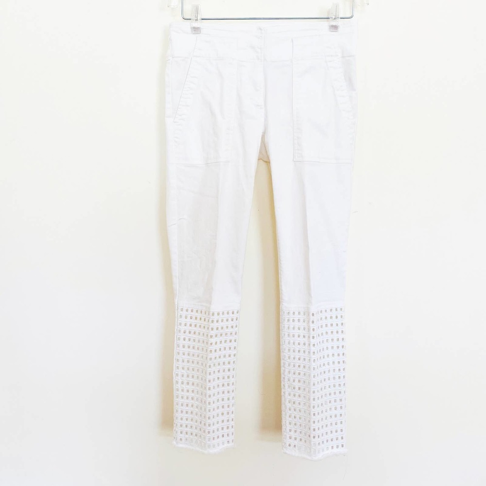 Anthropologie Plenty by Tracy Reese Cropped Raw Hem Latticework Pure White Jeans
